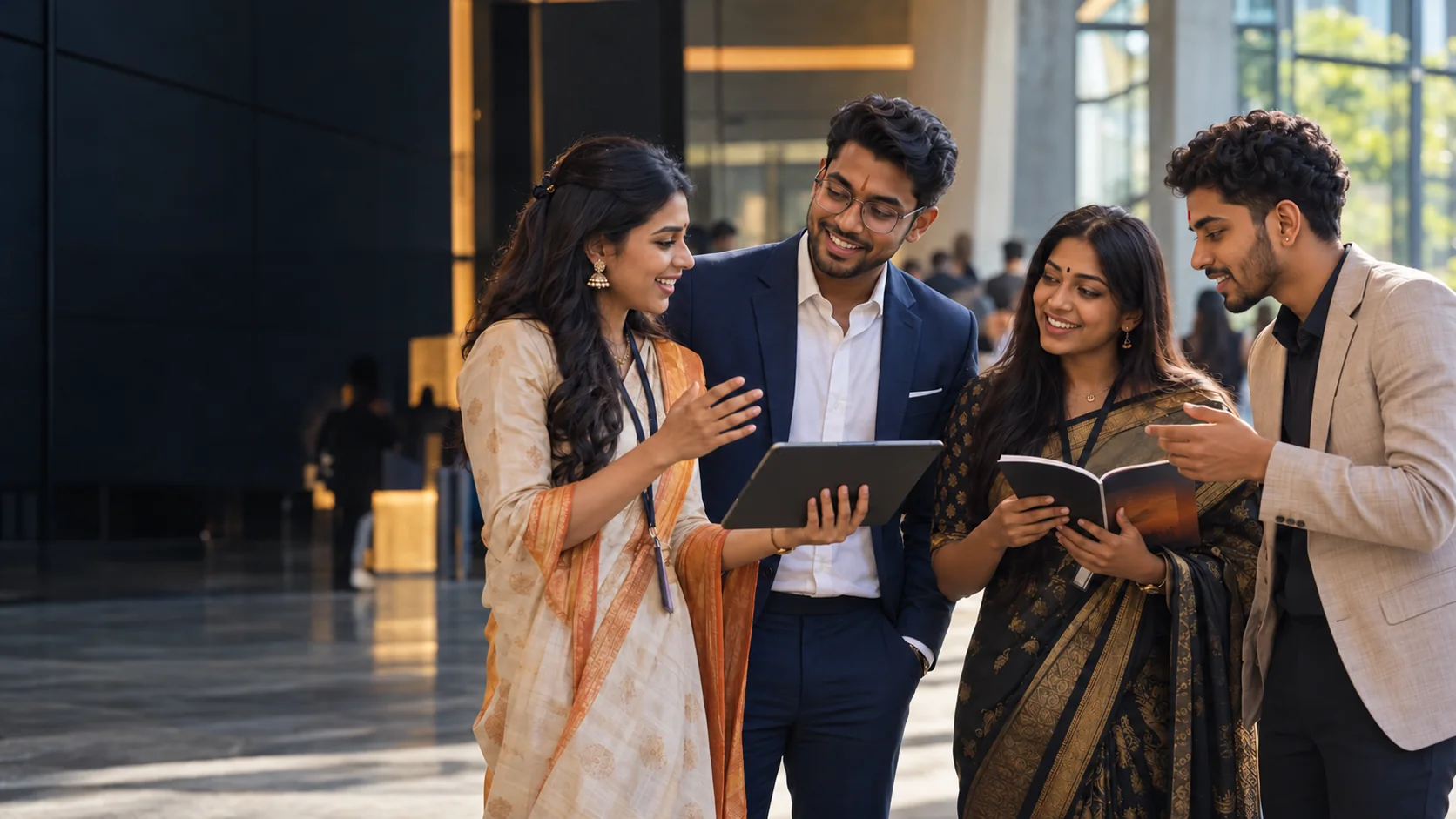 Illustrative scene of young Malaysian Hindu entrepreneurs and professionals gathered in conversation